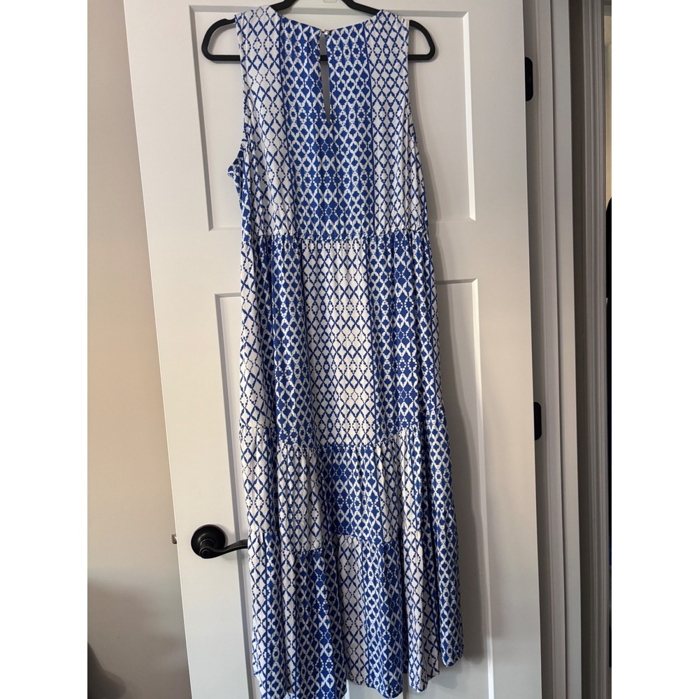 Tommy Bahama Blue White Geometric Tiered High-Low Maxi Dress Pockets XL SW621721 - Picture 5 of 9